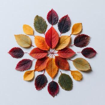 Symmetrical arrangement of colorful autumn leaves against a plain, light-colored background photo