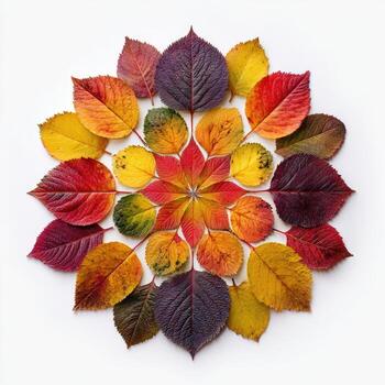 A vibrant mandala crafted from colorful autumn leaves on a stark white backdrop photo