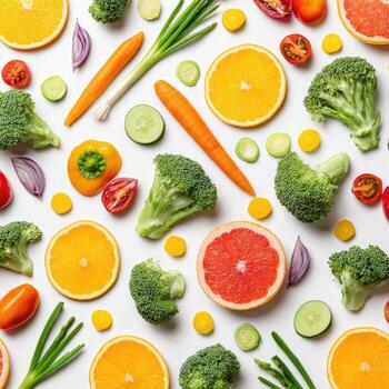 Overhead shot of various colorful fresh fruits and vegetables artfully arranged on white photo