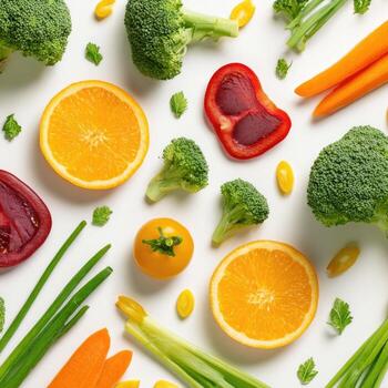 A vibrant, top-down arrangement of various colorful vegetables and fruit against a white backdrop photo