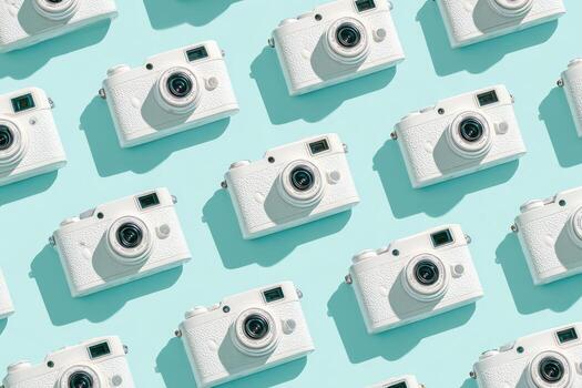 White cameras on light blue background, arranged in a repeating pattern with long shadows photo