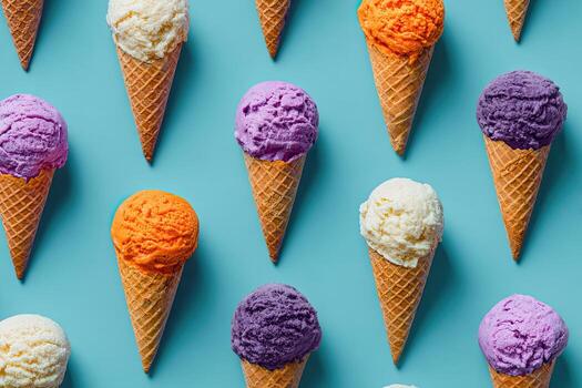 Overhead shot of several colorful ice cream cones arranged neatly on a light blue background photo