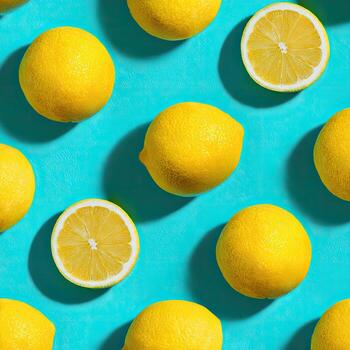 Overhead view of bright yellow citrus fruit, some sliced, on a vibrant turquoise background photo
