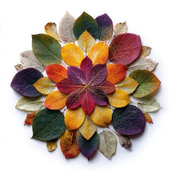 A symmetrical arrangement of colorful leaves in a radial pattern on a white background photo