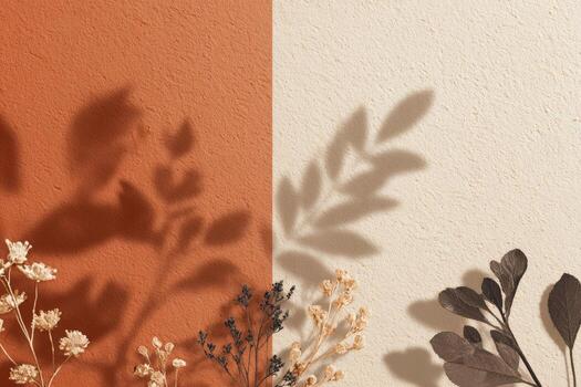 Split-tone backdrop with floral shadows on textured surfaces, warm and cool tones photo