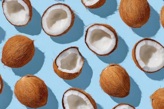 Overhead shot of whole and halved coconuts, scattered on a bright, pastel blue background photo