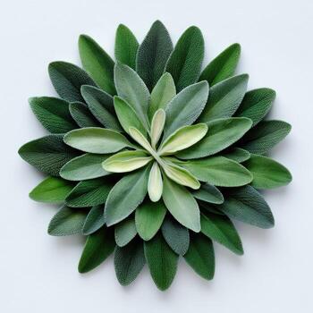 Symmetrical arrangement of green leaves, resembling a floral design, on a white background photo