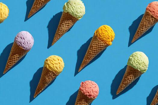 Overhead shot of multiple colorful ice cream cones on a vibrant blue backdrop photo