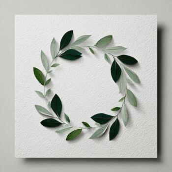 A circular wreath of green leaves against a textured white square background photo