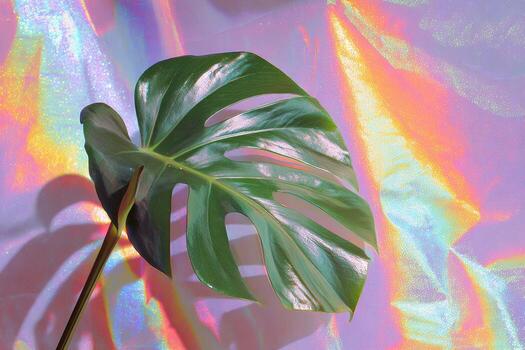 Close-up of a vibrant, glossy Monstera leaf with rainbow light reflections in the background photo