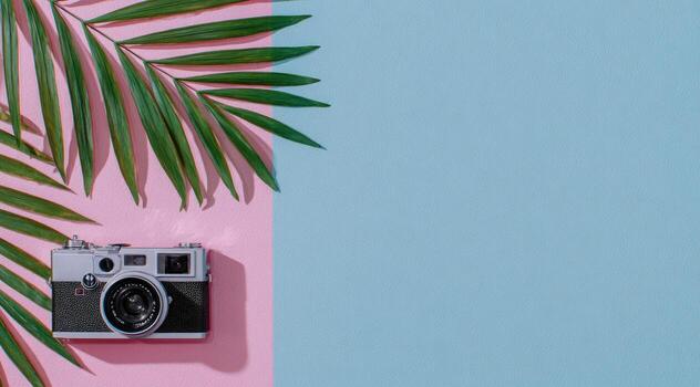 A vintage camera on a pink and blue split background with palm leaves photo