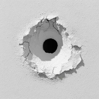 Close-up shot of a stark white surface with a hole in the center, surrounded by cracks photo