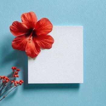 A vibrant red hibiscus bloom beside a blank square on a textured blue backdrop photo