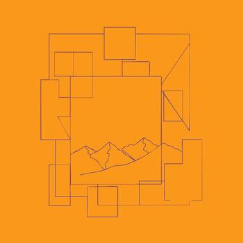 Abstract geometric composition with interconnected squares and lines surrounding a mountain range sketch on vibrant orange vector