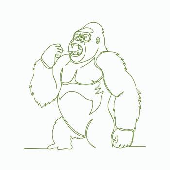 A stylized line drawing of a large, muscular gorilla with an aggressive expression, holding a stick in its mouth, emphasizing strength and wild nature vector
