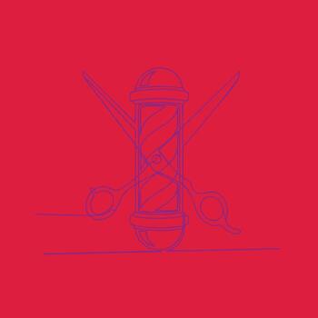 Minimalist Line Drawing of a Traditional Barber Pole with Scissors and Comb on Bright Red vector