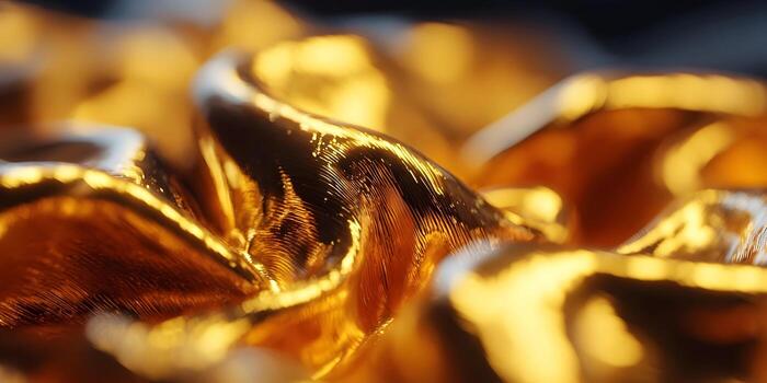 A close up abstract of shimmering golden metallic liquid or fabric with dynamic ripples and rich reflections photo