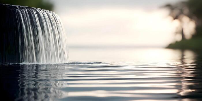 A gentle stream of water flows into a calm pond creating soft ripples under a bright sky photo