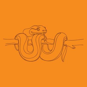 Minimalist Line Drawing of a Snake Coiled Around a Branch with a Tongue Flicking Out on Bright Orange vector