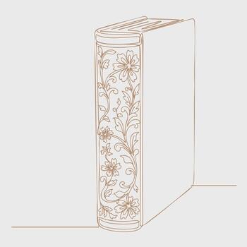 Elegant hardcover book with intricate floral patterns on the spine, standing upright on a flat with a plain vector