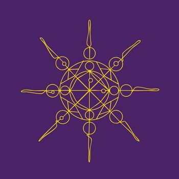 Intricate geometric pattern with interconnected circles and lines forming a symmetrical design on a purple vector