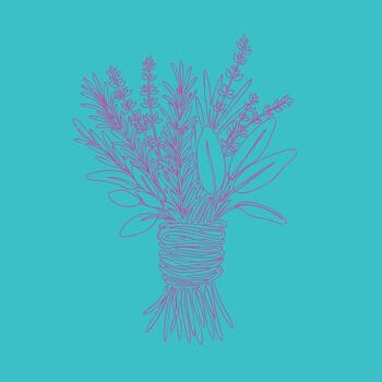Minimalist line drawing of a bouquet of herbs and foliage tied together with string on a solid turquoise vector
