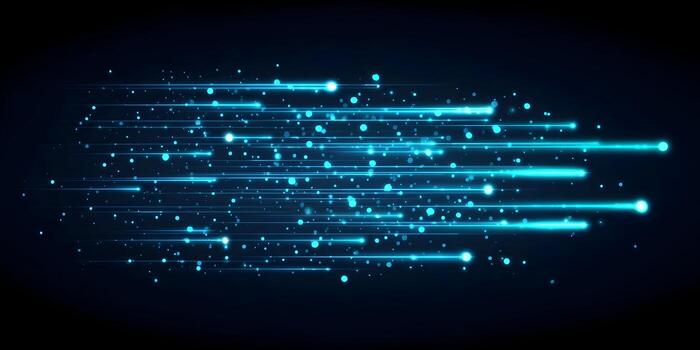 Dynamic blue light lines and particles create a digital data stream effect on a black background photo