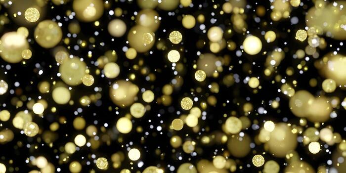 Golden glitter and bokeh lights float on a dark background creating a festive abstract design photo