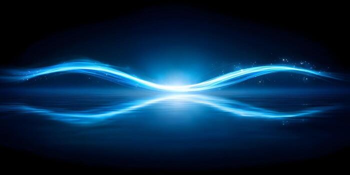 An abstract glowing blue light wave reflects on a dark water like surface creating a futuristic and dynamic background photo