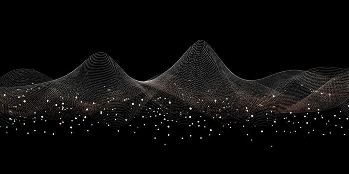 Abstract wavy mesh lines with sparkling golden and white particles on a black backdrop photo