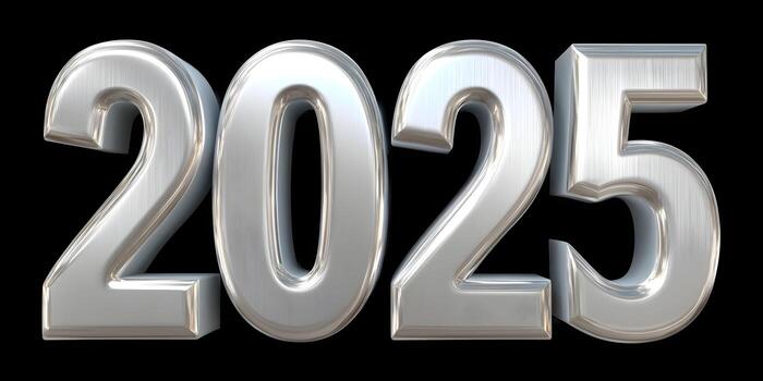 The year 2025 is displayed in a shiny brushed silver metallic 3D rendering on a black background photo