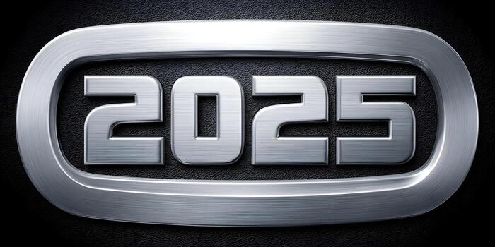 The year 2025 is displayed in a metallic brushed silver text with a modern frame on a dark textured background photo