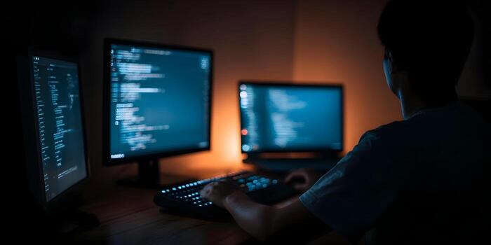 A person works intently on multiple glowing computer screens displaying code in a dark room photo