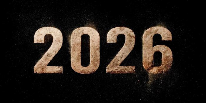 The year 2026 is displayed with sparkling golden dust and texture on a dark background photo