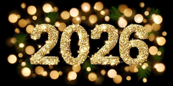 The year 2026 is displayed in sparkling golden glitter against a festive bokeh background with hints of pine photo