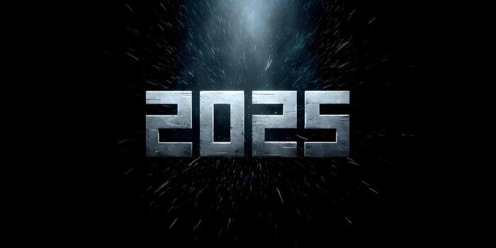 The year 2025 is displayed in a metallic distressed font with dramatic light rays and falling particles on a dark background photo
