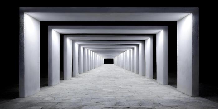 A repeating sequence of bright white illuminated architectural frames forms a deep infinite tunnel photo