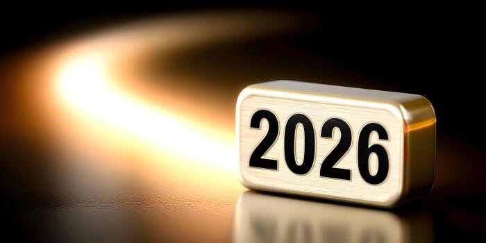 A golden block displaying the year 2026 sits on a reflective surface with a bright glowing path leading towards it symbolizing future progress photo