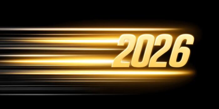 The year 2026 is displayed in golden text with speed light trails on a dark background creating a dynamic effect photo