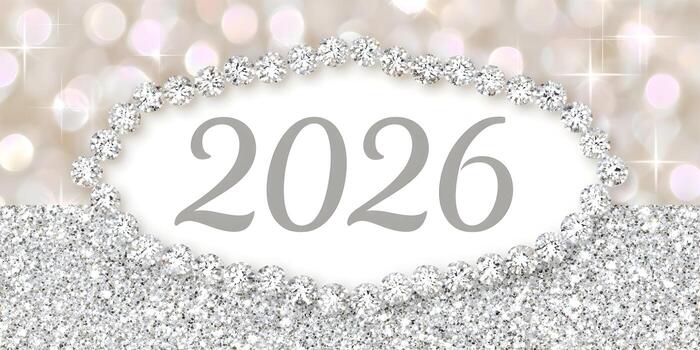 The year 2026 is elegantly displayed within a sparkling diamond frame and glitter on a festive bokeh background photo