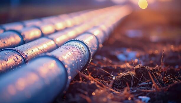 Industrial heating pipes extending in linear arrangement, photographed in glowing sunset detail, structural mechanical system aesthetic captured in modern artistic composition. photo