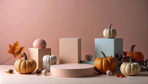 estacional arreglo de calabazas, hojas, y cerámico objetos en neutral mesa superficie, mezcla otoño cosecha temas con artístico diseño estético en un minimalista fiesta todavía vida ajuste. foto