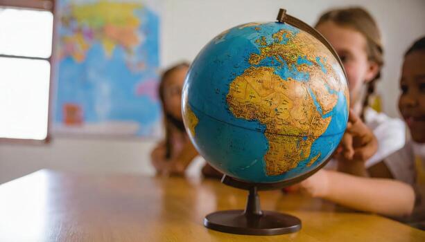 Children pointing at a colorful globe during geography class in a bright school classroomChildren pointing at a colorful globe during geography class in a bright school classroom photo