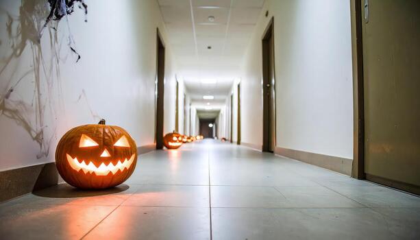 Halloween pumpkins with glowing faces in decorated hallway, cobwebs and lights creating spooky festive atmosphere. photo