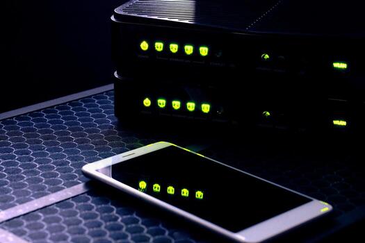 Wireless Router and Smartphone Reflection with WIFI Connection photo