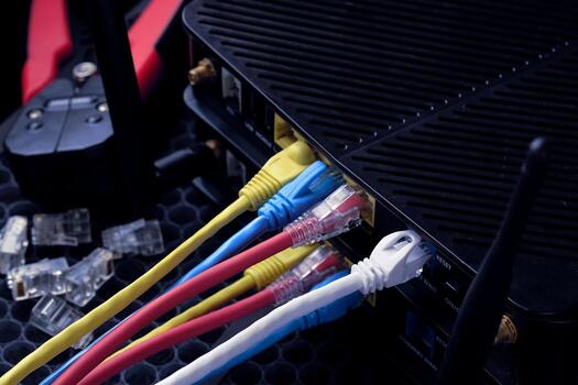 Colorful Ethernet Cables Connected to Wireless Router with RJ45 Connectors photo
