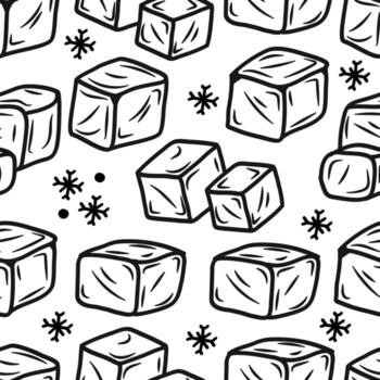 Seamless Pattern Hand Drawn Ice Cubes and Snow Flakes Line Art Background for Drinks and Winter. illustration vector