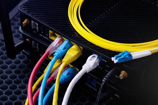 Network Router with Ethernet and Fiber Optic Cable for Fast Internet Connection photo