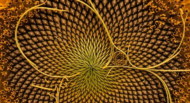 Macro of a sunflower showing fibonacci sequence. photo