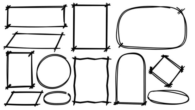 Doodle Hand Drawn Line Shapes Collection with Rectangle, Circle, Ellipse, and Frame Elements. illustration vector